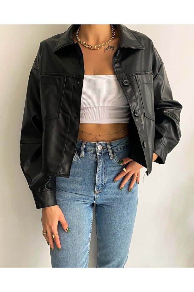 سترة جلدية قصيرة بأزرار - 4