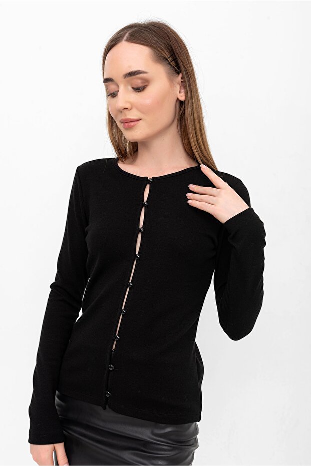 Siyah Triko Düğmeli Hırka - 5