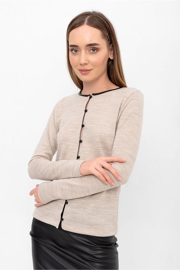 Bej Triko Düğmeli Hırka - 5