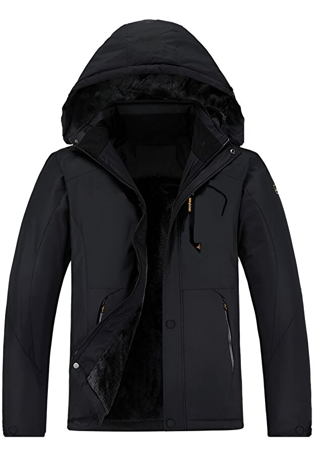 Men's Black Softshell Coat with Fur Inside, Water and Windproof New Season Sports Coat