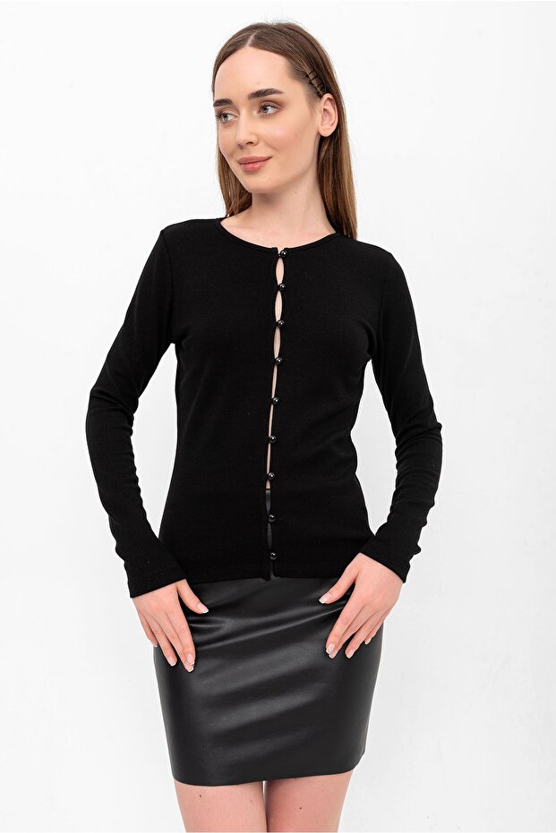 Siyah Triko Düğmeli Hırka - 2