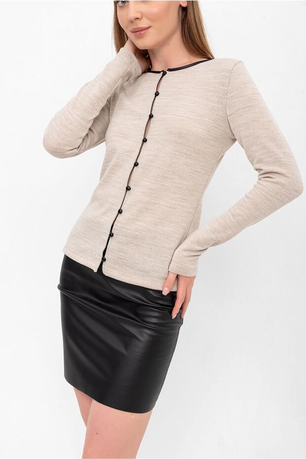 Bej Triko Düğmeli Hırka - 2