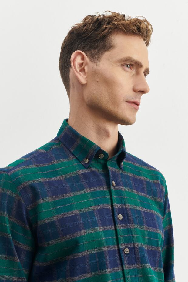 Erkek Lacivert-yeşil Comfort Fit Rahat Kesim Düğmeli Yaka %100 Pamuk Flanel Oduncu Gömlek - 2