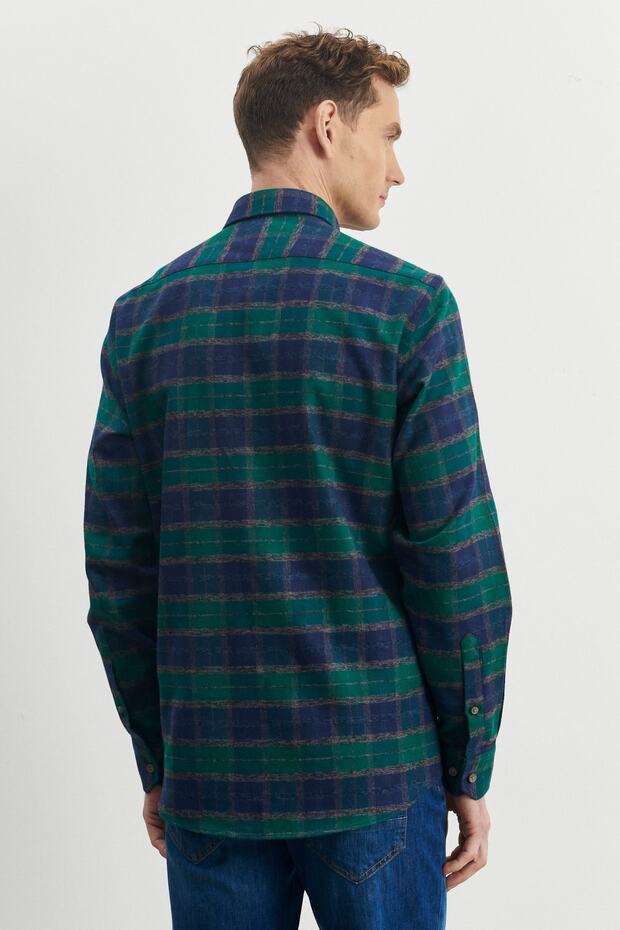 Erkek Lacivert-yeşil Comfort Fit Rahat Kesim Düğmeli Yaka %100 Pamuk Flanel Oduncu Gömlek - 4