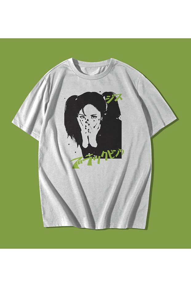 Y2k Still Green Japanese Writing Oversize Unisex White T-shirt Jisoo Gothic