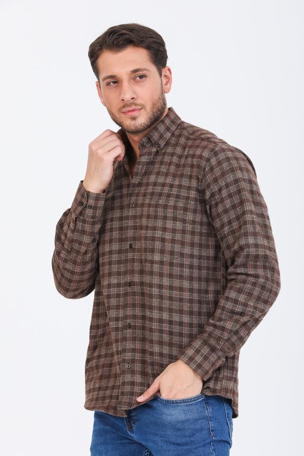 Men's Chestnut Color Long Sleeve Checkered Pocket Collar Buttoned Winter Shirt
