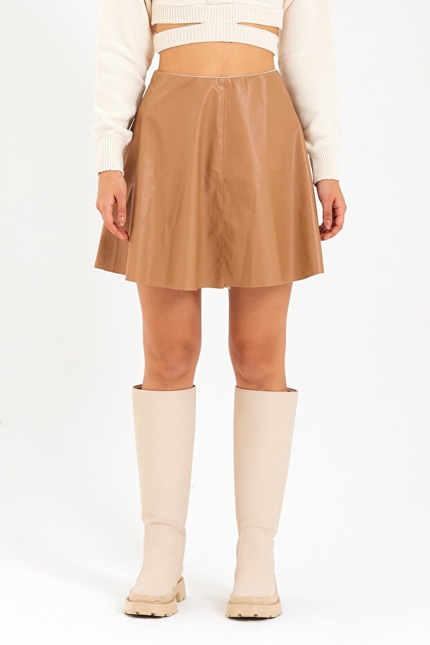 Camel Beli Lastikli Kloş Deri Mini Etek - 4