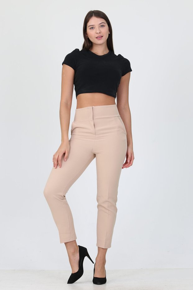 Beige New Season High Waist Lycra Women's Fabric Trousers Ela004