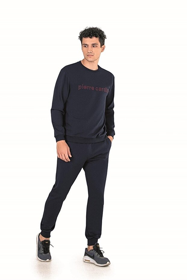 Men's Appliqued Crew Neck Ribbed Leg Two Thread Tracksuit Set 7115 Navy Blue