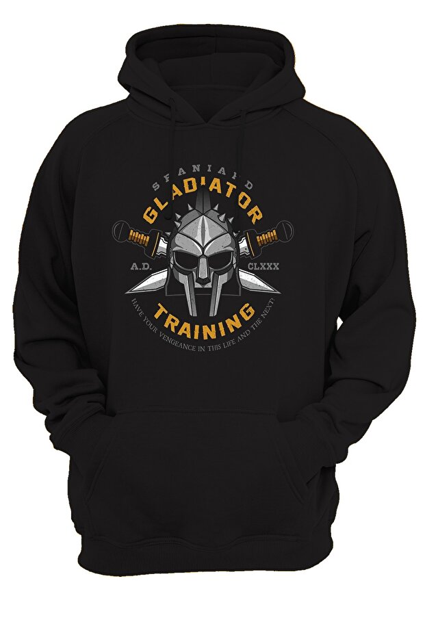 Gladiator Printed 3 Ipl. Raised 600 Gr. Black Hooded Sweatshirt with Fleece Inside