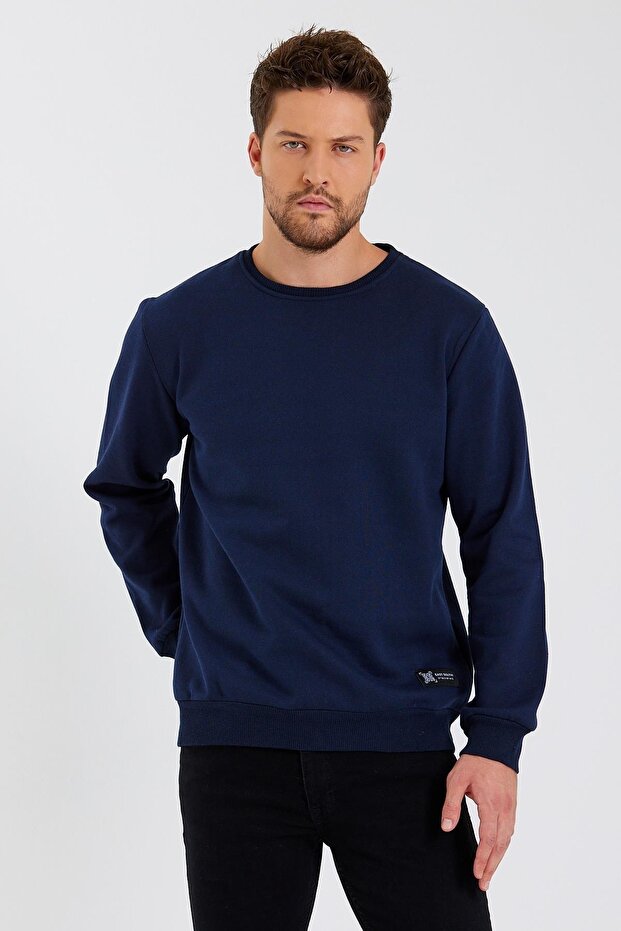 Navy Blue Crew Neck Label Detailed Cotton Inside Men's Sweatshirt