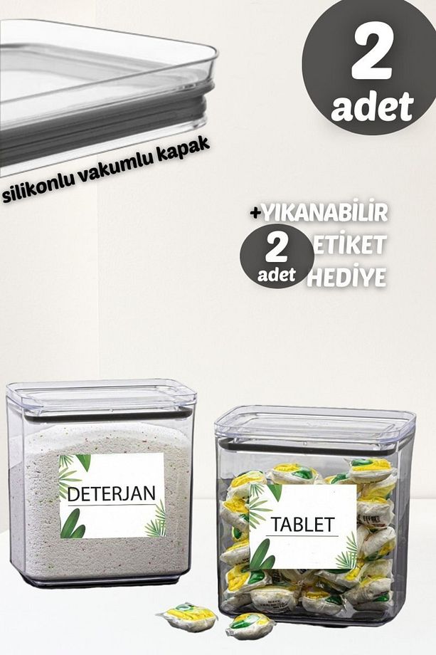 Çok Kullanışlı Dekoratif Dikdörtgen 2,2 Lt Vakum Kapaklı 2'li Set Tablet, Deterjan Saklama Kutusu - 2