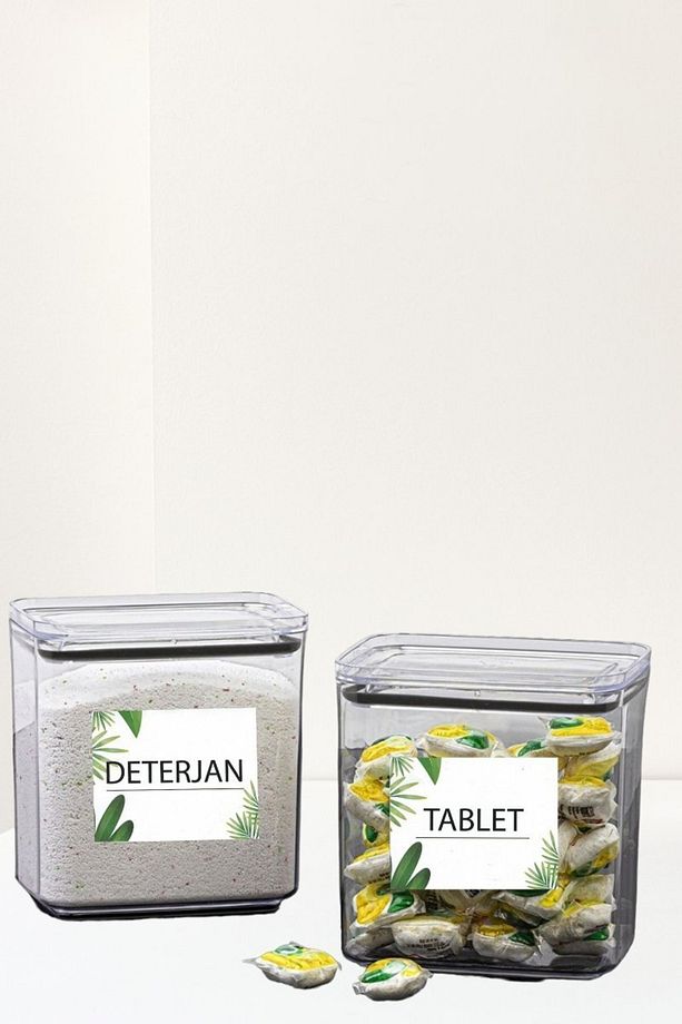 Çok Kullanışlı Dekoratif Dikdörtgen 2,2 Lt Vakum Kapaklı 2'li Set Tablet, Deterjan Saklama Kutusu - 4