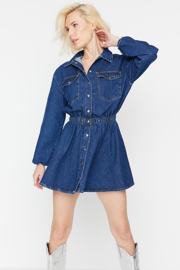 Lacivert A-Kesim Beli Lastikli Denim Kısa Şık Mezuniyet Elbisesi TPRAW23EL00420 - 3