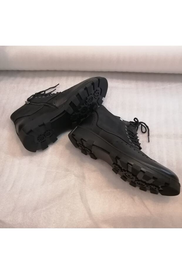 Erkek Hakiki Deri Siyah Nubuk Kombin Fermuarlı Bağcıklı Kalın Ağır Kauçuk Taban Bot - 5