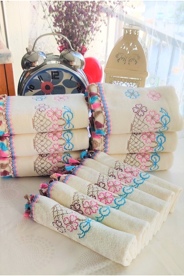 My Mom Cross Stitch Flower Patterned Tasseled Velvet Towel Set 30x50 6 Pieces 50x90 6 Pieces Total Set of 12