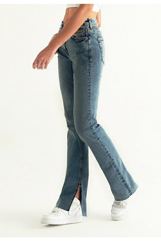 My Emma 90's Blue Snow Slit Lycra Super High Waist Loose Jeans