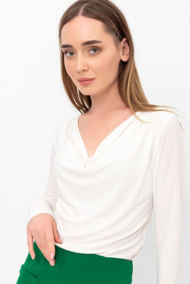 Ecru Degaje Yaka Uzun Kol Bluz - 7