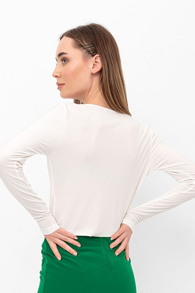 Ecru Degaje Yaka Uzun Kol Bluz - 8
