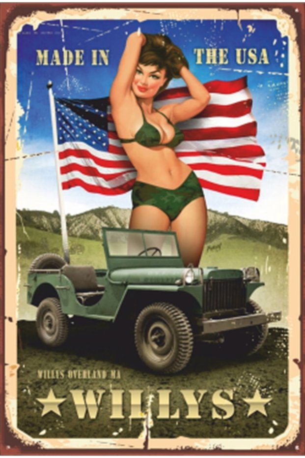 Pin up Girls and Jepp Retro Wooden Poster