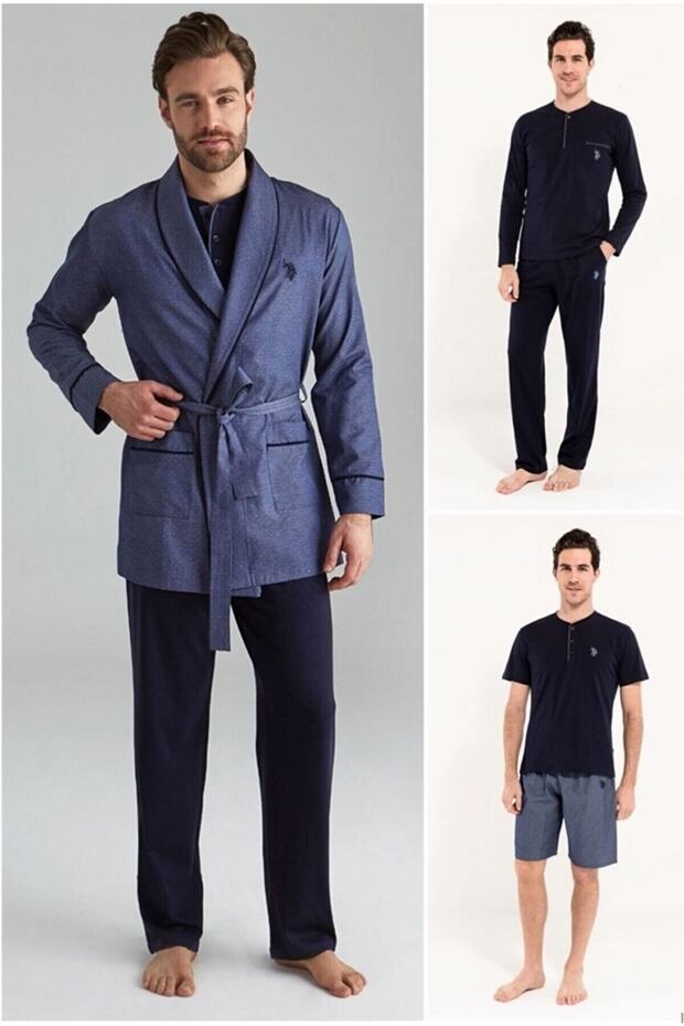 Us Polo Assn Men's Navy Blue Dowry Bridegroom Pajamas Set with Dumpwood 5 Pieces 12000