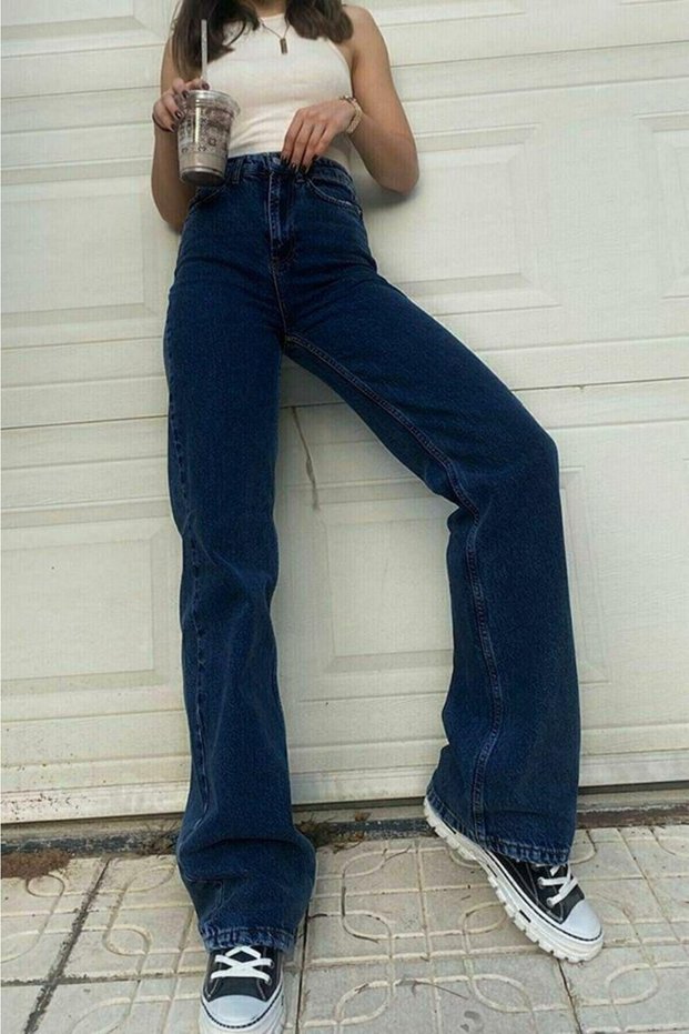 Blue Women's Loose Lycra 90's Super High Wide Leg Jeans Palazzo Trousers
