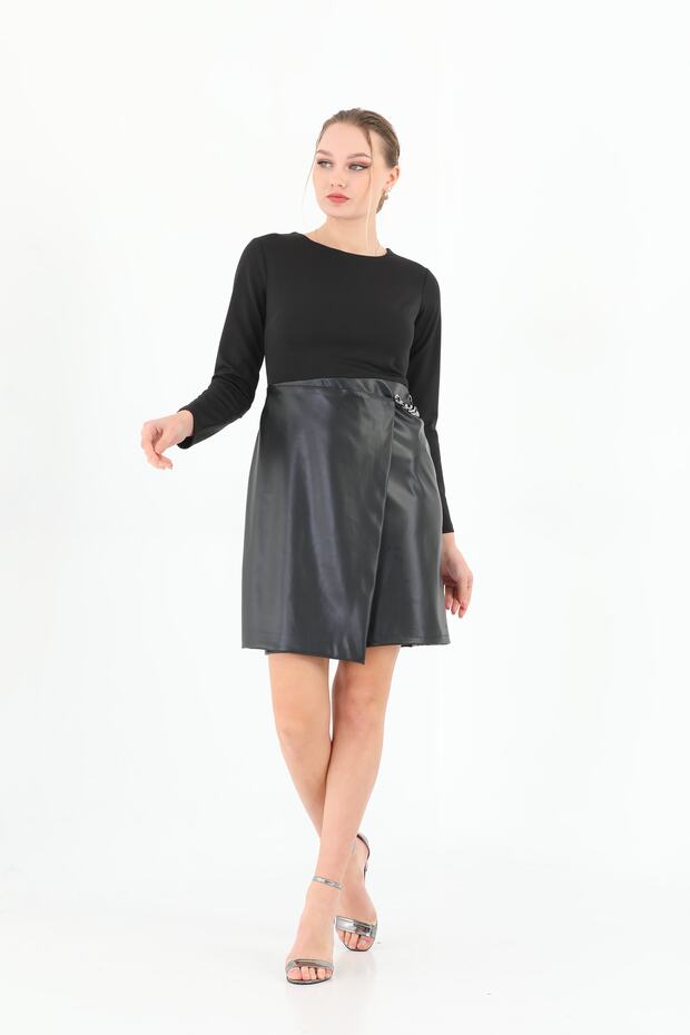 X Modapo Women's Chain Detailed Skirt Side Leather Mini Office Dress