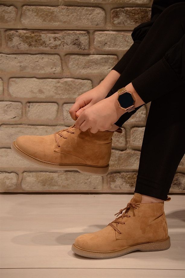 Kadın Camel Süet Bağlı Haşpapi Düz Taban Bot&bootie - 3