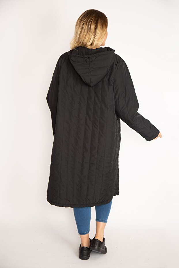 Women's Large Size Black Quilted Hooded Front Zipper Puff Coat 65n35130 - 4