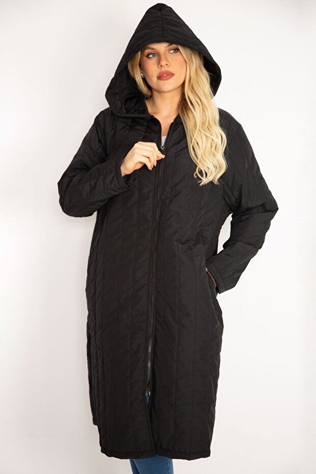 Women's Large Size Black Quilted Hooded Front Zipper Puff Coat 65n35130 - 1