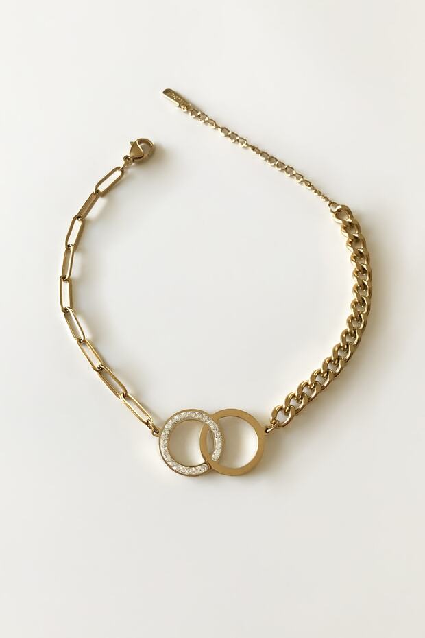 Zircon Stone Two Ring Double Model Chain Steel Bracelet