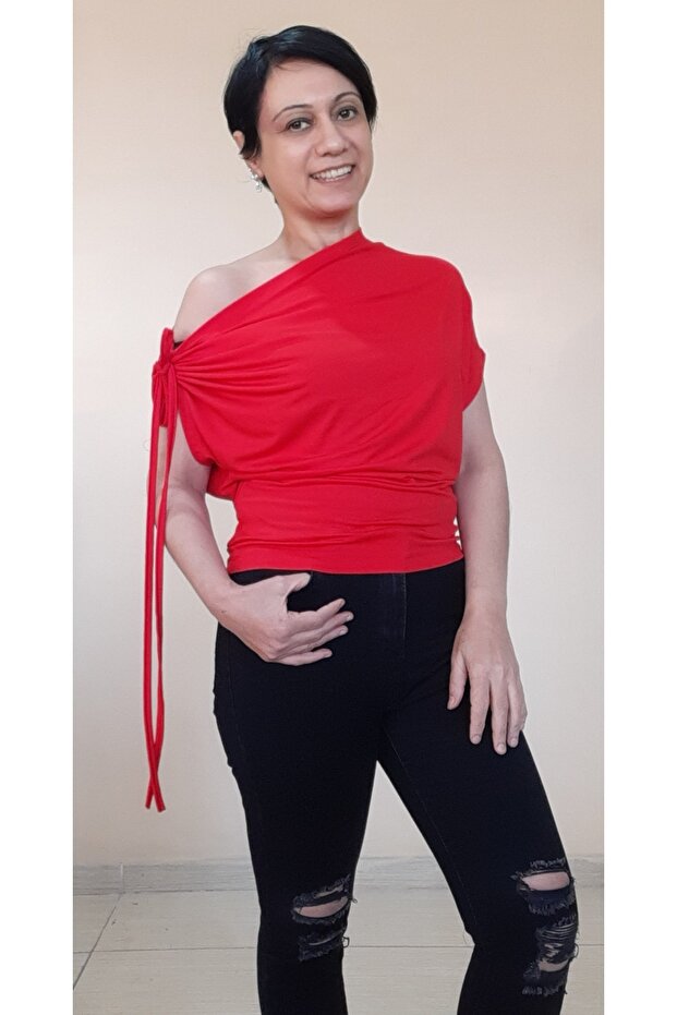 One Shoulder Lace-up Lay Collar Red Combed Cotton Viscose T-Shirt