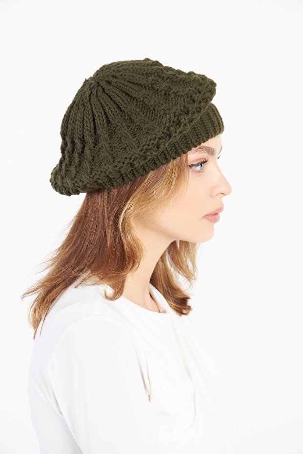 Haki Kadın Triko Tek Kat Ressam Bere - 2