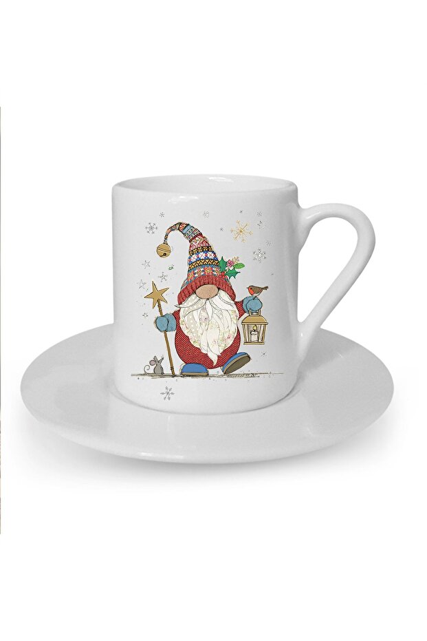 Christmas Themed Cute Cat Printed White Turkish Coffee Cup