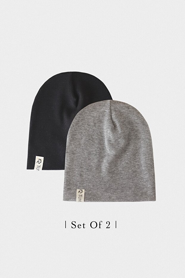 Black - Gray 2-Piece Ribbed Beret