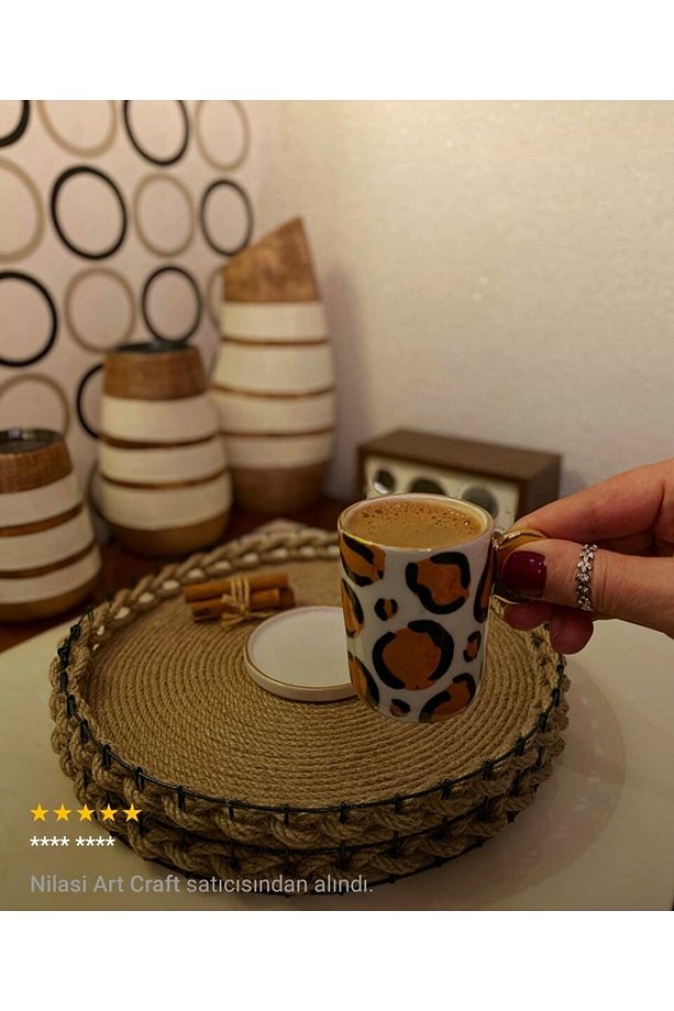 Hasır Metal Jüt Tepsi/ Çay Kahve Tepsisi/ Sunum Tepsisi/ Dekoratif Tepsi - 3