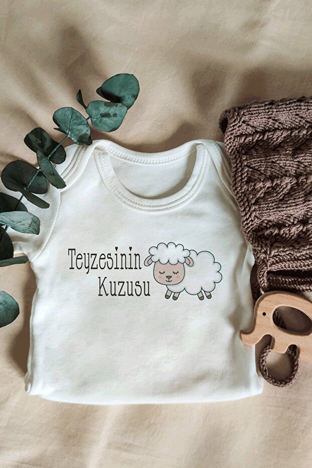 Baby Ecru Long Sleeve Organic Bodysuit with Aunt's Lamb