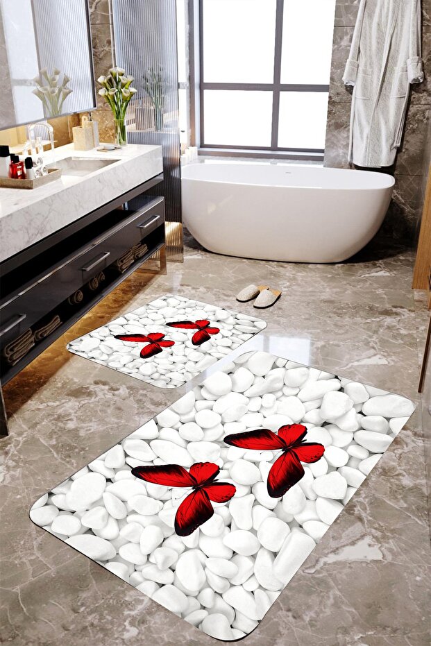 3-D Butterfly and Stone 2-Piece Bath Mat Set Mktbp-034 60x100/50x60