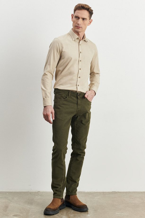 Erkek Haki Slim Fit Dar Kesim Esnek Kadife Pantolon - 3