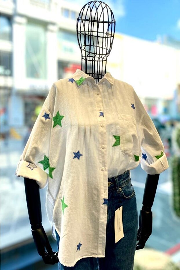 Women's Single Pocket Star Embroidered Loose Fit Oversize Flowy Cotton Shirt
