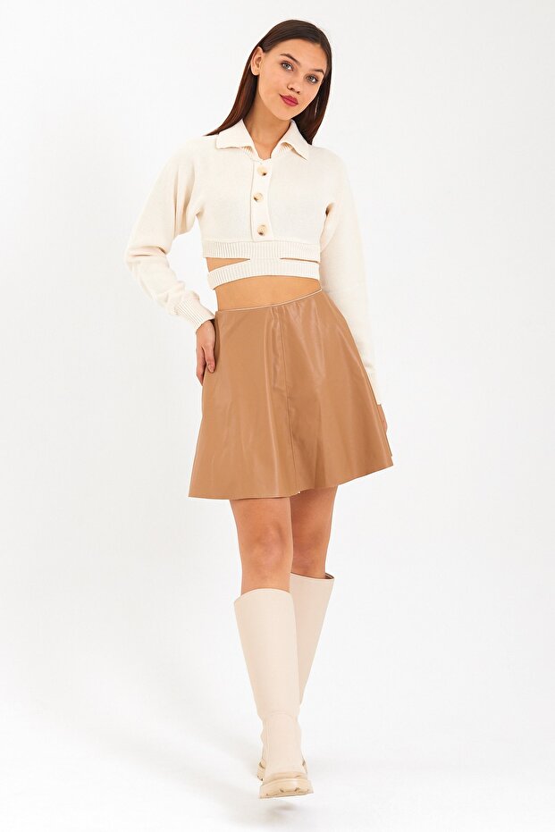 Camel Beli Lastikli Kloş Deri Mini Etek - 3