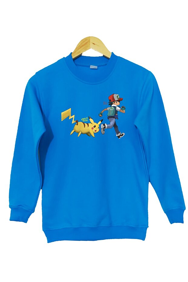Children's Turquoise Blue Knitted Crewneck Sweatshirt Pikacu Pokemon Digital Printed