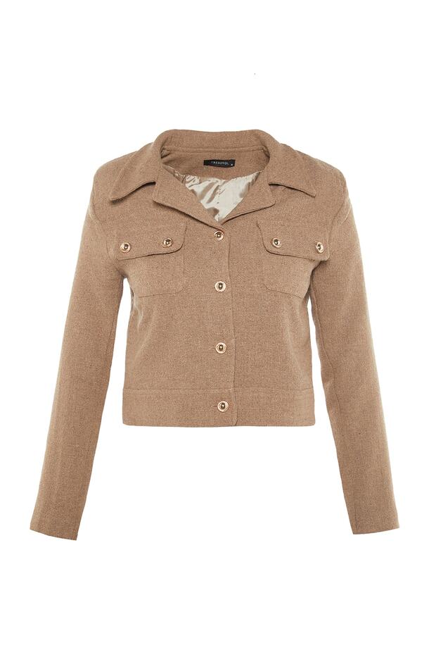 Brązowa dopasowana tkana kurtka TWOAW23CE00252 - 7