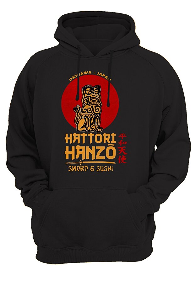 Kill Bill Hattori Hanzo Printed 3 Ipl. Raised 600 Gr. Black Hooded Sweatshirt with Fleece Inside