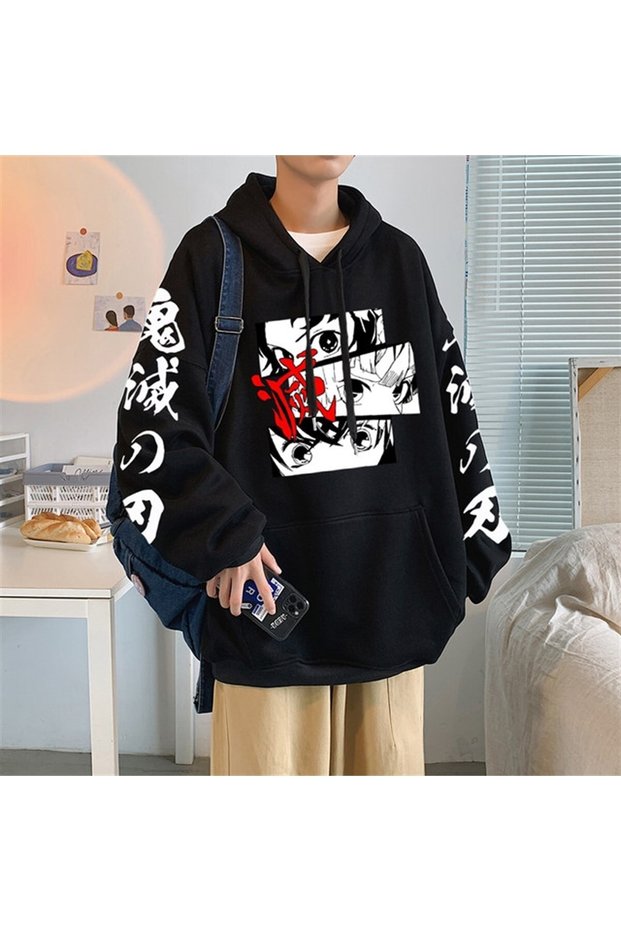 Uny Butik Anime Demon Slayer Eyes Black Hooded Sweetshirt Hoodie
