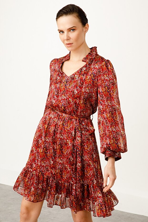 Women's Stand Collar Patterned Midi Chiffon Dress 6054037 Claret Red
