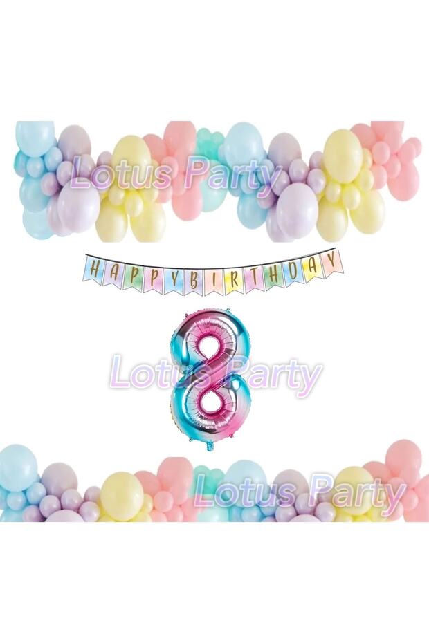 Rainbow Concept 8 Year Old Birthday Set Figure Foil Balloon Happy Birrtday Banner Macarons Balloon Chain