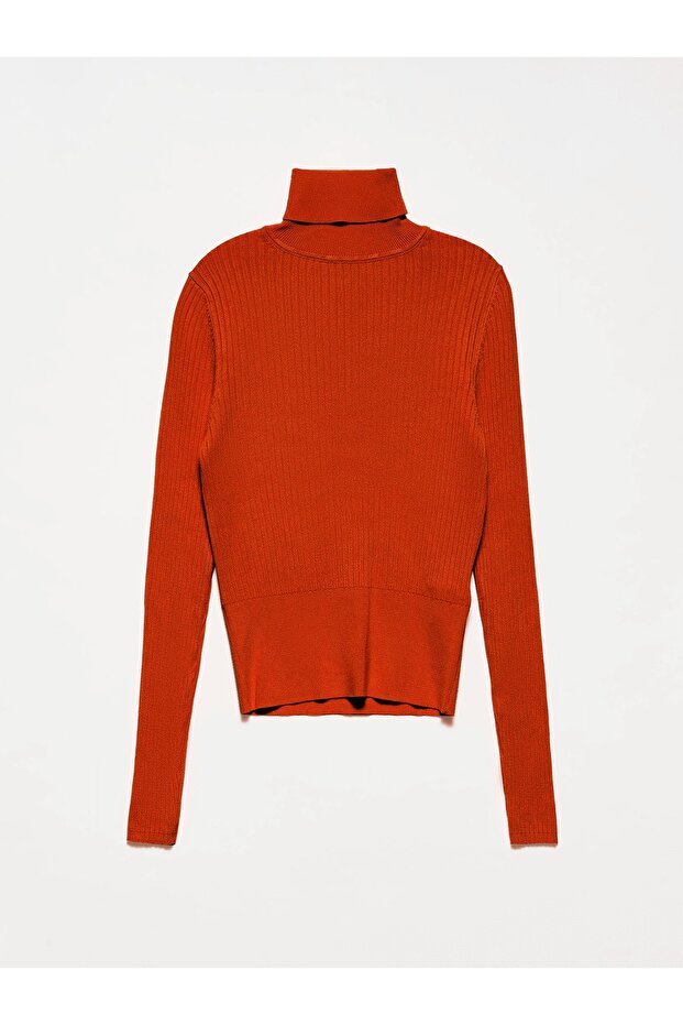 1297 Balıkçı Yaka Fitilli Basic Kazak-kiremit - 1