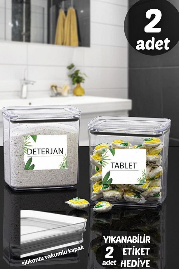 Çok Kullanışlı Dekoratif Dikdörtgen 2,2 Lt Vakum Kapaklı 2'li Set Tablet, Deterjan Saklama Kutusu - 1