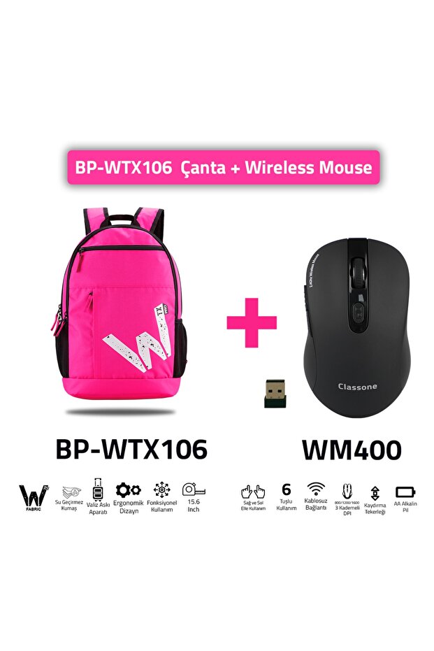 Bp-wtx106-wm400 Wtxpro قماش مقاوم للماء، كمبيوتر محمول مقاس 15.6 بوصة، حقيبة ظهر للكمبيوتر المحمول - وردي + ماوس